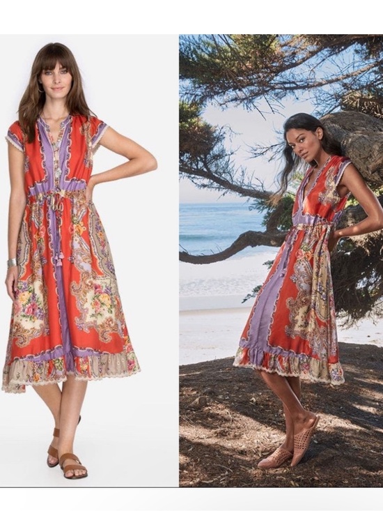 Johnny Was Dresses & Skirts - Johnny Was Medium Markel Lucy Tie Dress Silk Orange Purple Floral Boho Gypsy